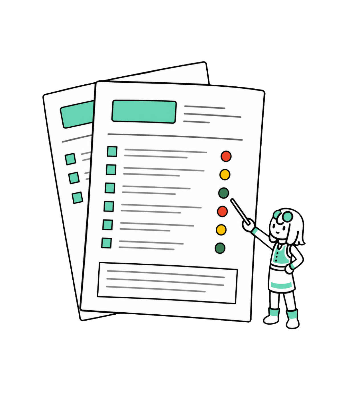 Illustration of the executive report with red / yellow / green severity marks